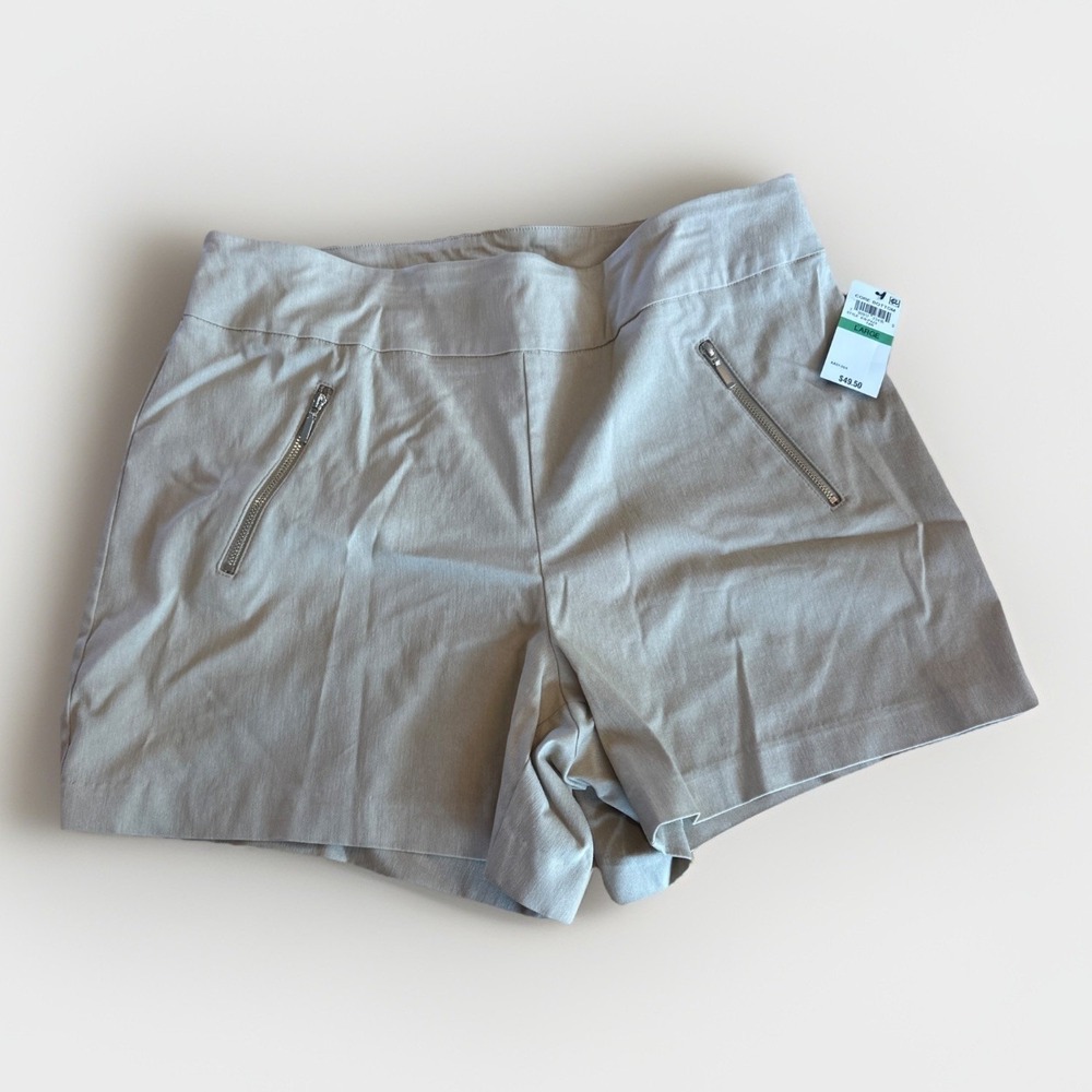 Thalia Sodi Women's Gold Zip-Pocket High Rise Shorts Tan  Size Large New Stretch